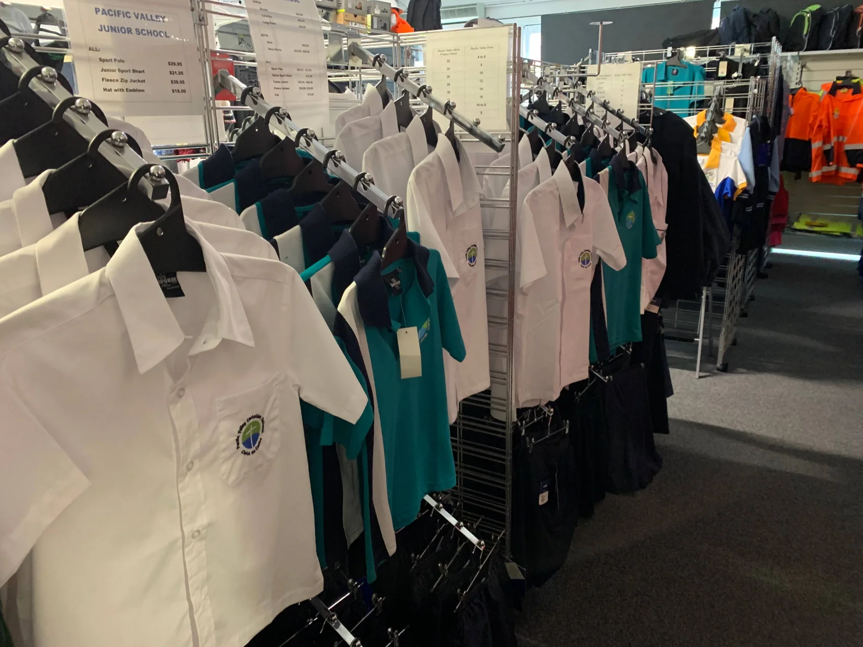 School uniform racks inside the Maclean shop
